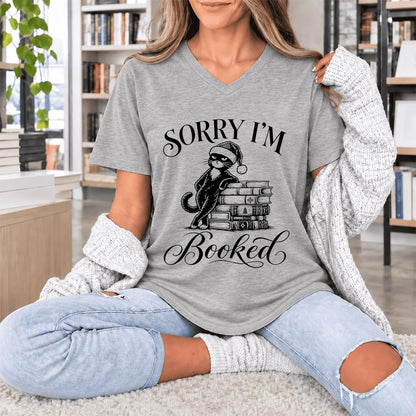 Sorry I’m Booked Ultra-Soft V-Neck | Funny Christmas Cat Lover Reader Gift Athletic Heather