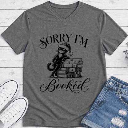 Sorry I’m Booked Ultra-Soft V-Neck | Funny Christmas Cat Lover Reader Gift Deep Heather