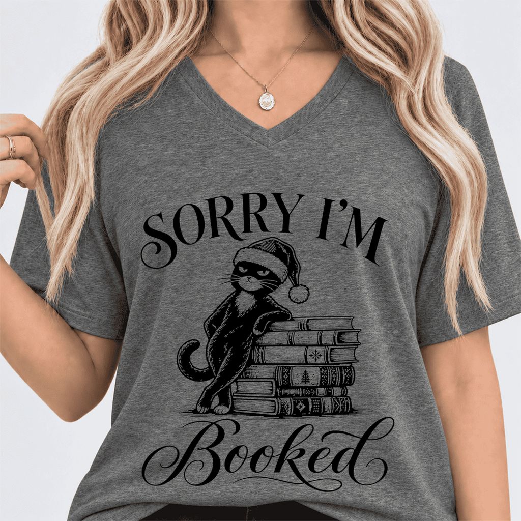 Sorry I’m Booked Ultra-Soft V-Neck | Funny Christmas Cat Lover Reader Gift Deep Heather