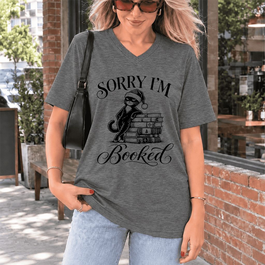 Sorry I’m Booked Ultra-Soft V-Neck | Funny Christmas Cat Lover Reader Gift Deep Heather