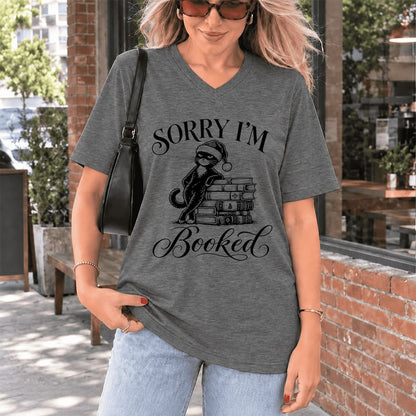 Sorry I’m Booked Ultra-Soft V-Neck | Funny Christmas Cat Lover Reader Gift Deep Heather