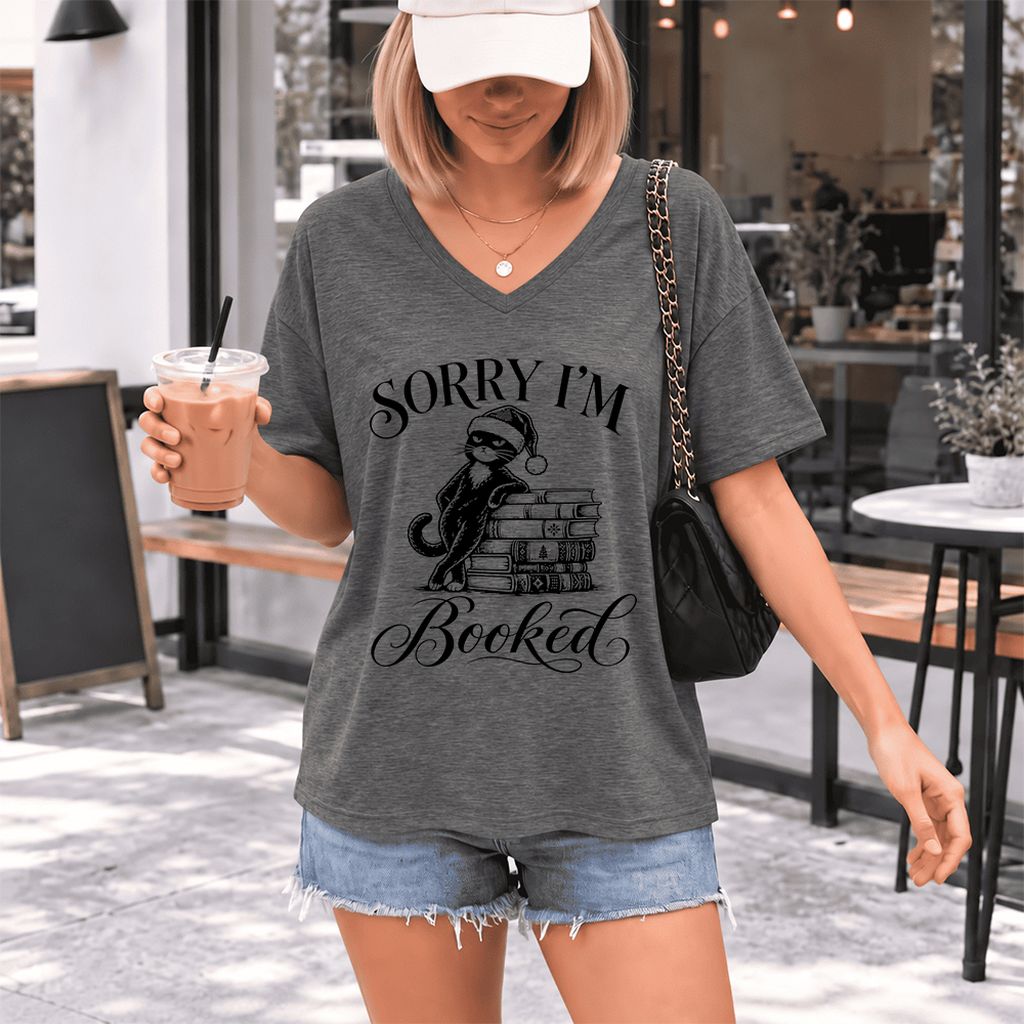 Sorry I’m Booked Ultra-Soft V-Neck | Funny Christmas Cat Lover Reader Gift Deep Heather