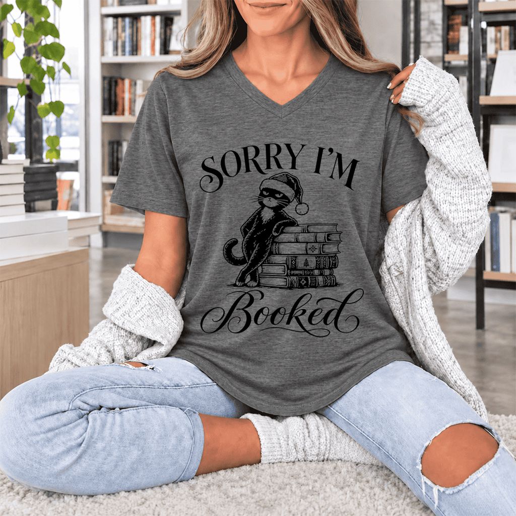 Sorry I’m Booked Ultra-Soft V-Neck | Funny Christmas Cat Lover Reader Gift Deep Heather