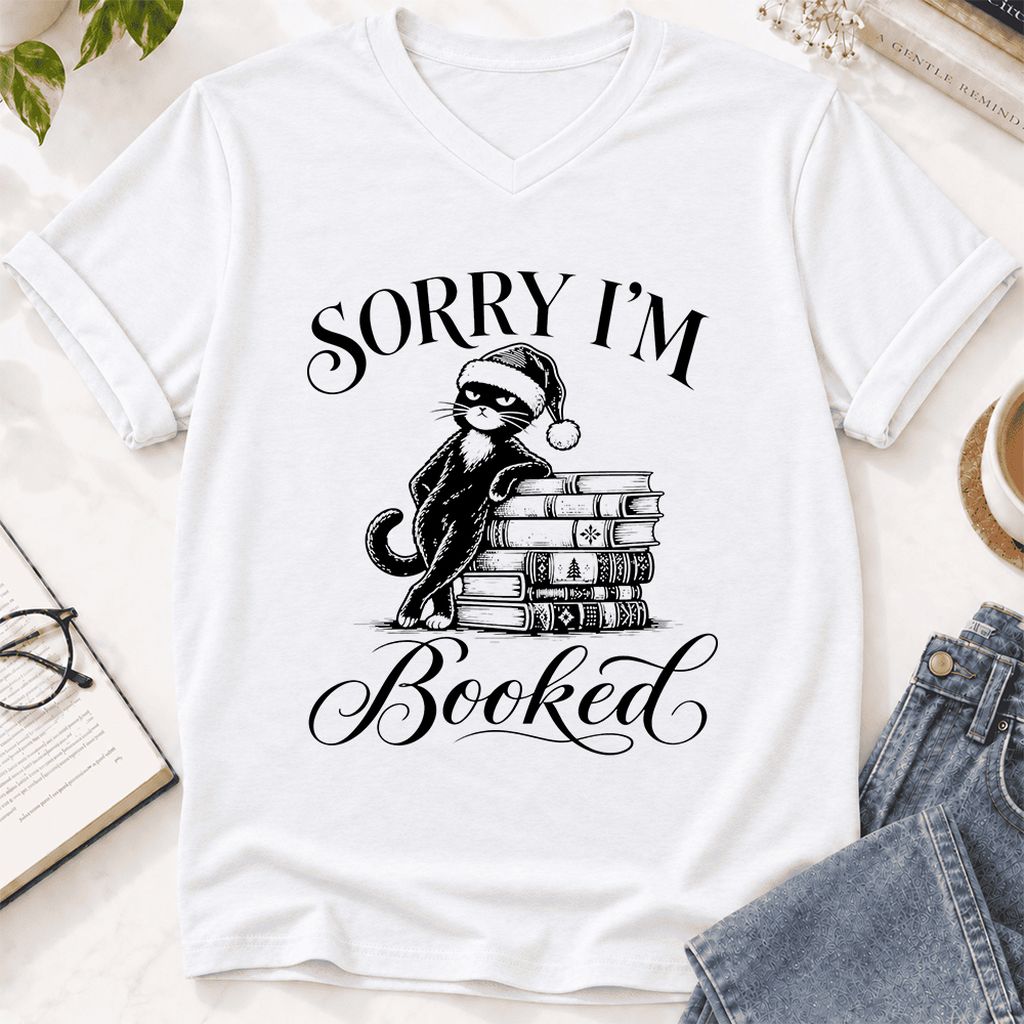 Sorry I’m Booked Ultra-Soft V-Neck | Funny Christmas Cat Lover Reader Gift White