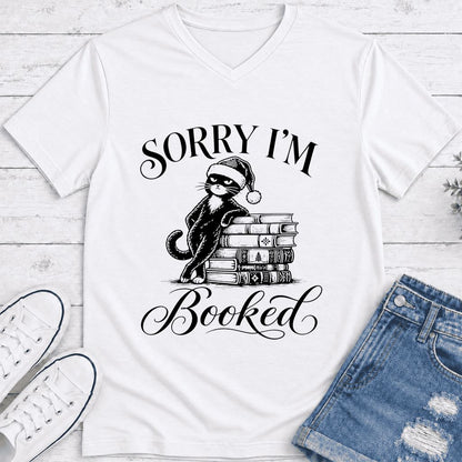Sorry I’m Booked Ultra-Soft V-Neck | Funny Christmas Cat Lover Reader Gift White