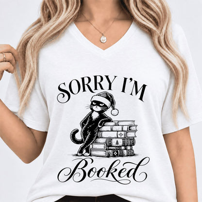 Sorry I’m Booked Ultra-Soft V-Neck | Funny Christmas Cat Lover Reader Gift White