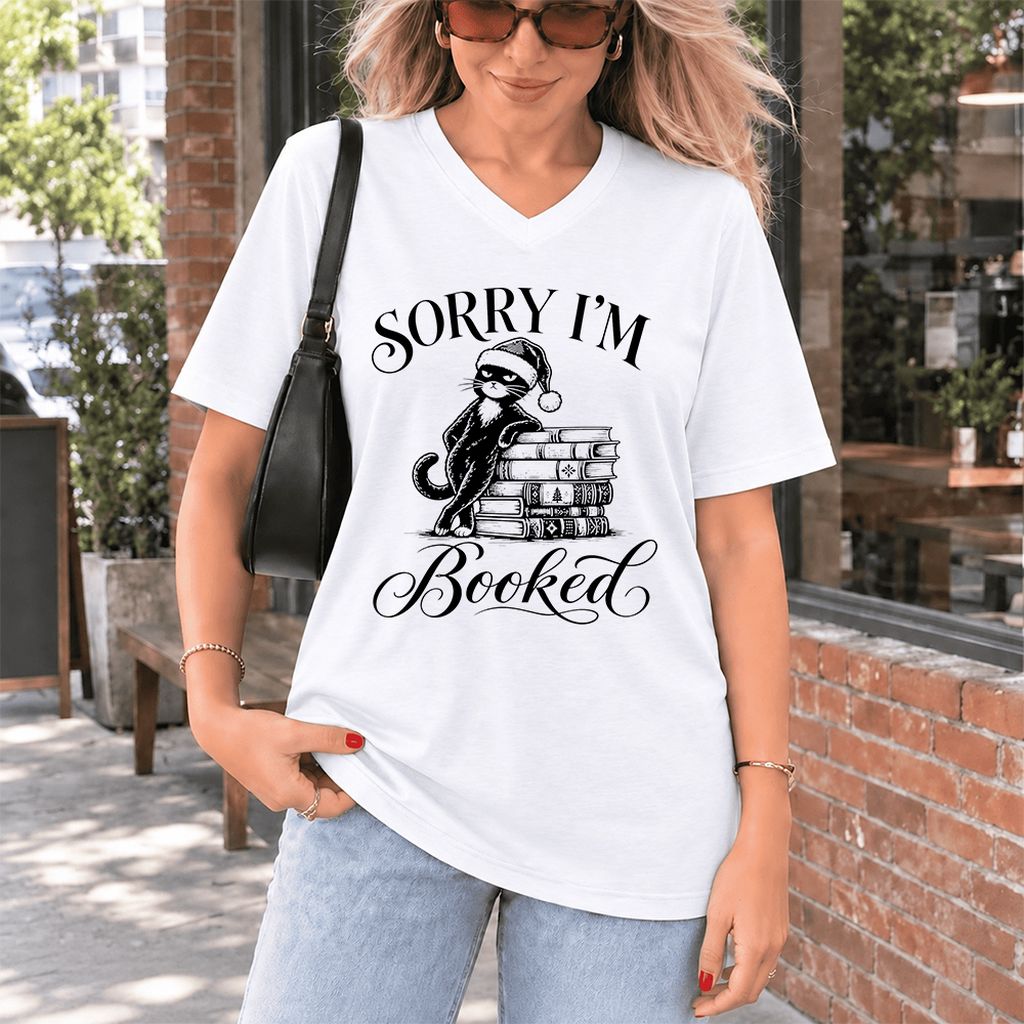 Sorry I’m Booked Ultra-Soft V-Neck | Funny Christmas Cat Lover Reader Gift White