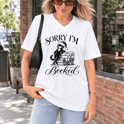 Sorry I’m Booked Ultra-Soft V-Neck | Funny Christmas Cat Lover Reader Gift White