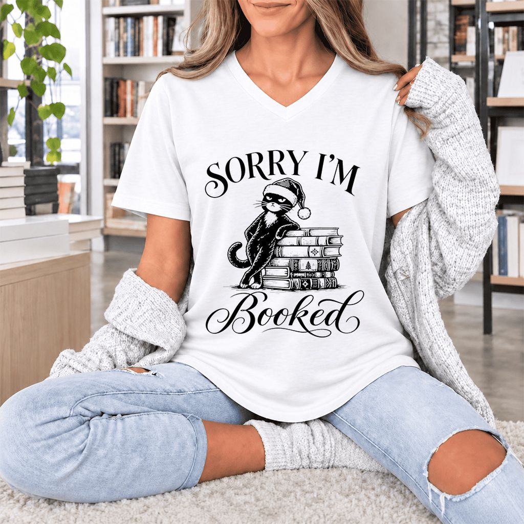 Sorry I’m Booked Ultra-Soft V-Neck | Funny Christmas Cat Lover Reader Gift White
