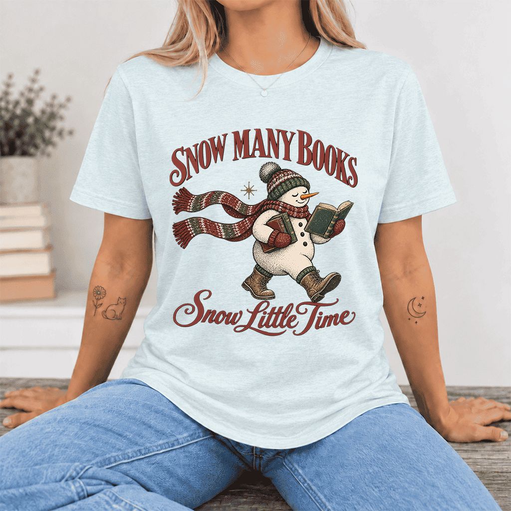 Snow Many Books Snow Little Time Ultra-Soft Cotton T-Shirt | Reader Gift Heather Ice Blue