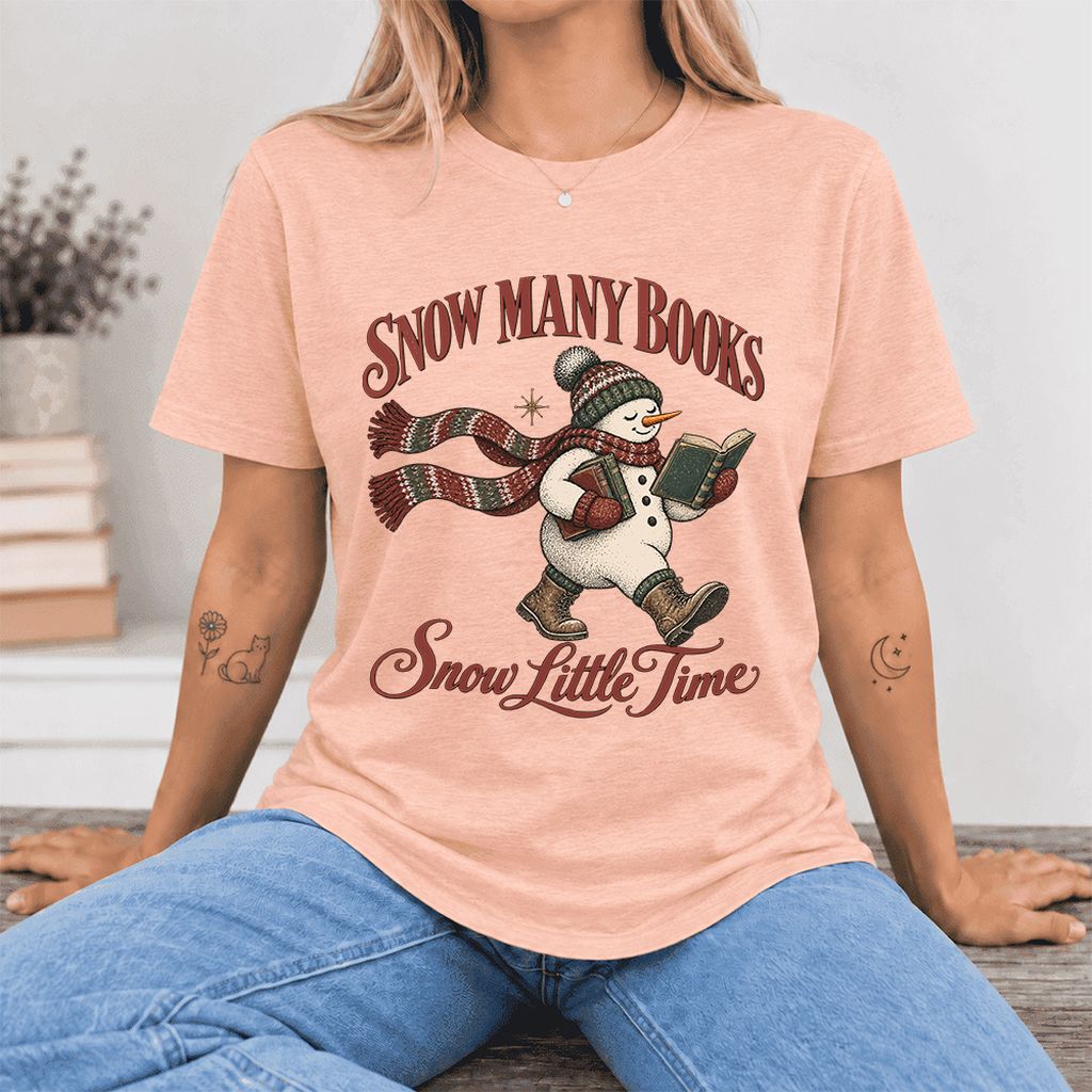 Snow Many Books Snow Little Time Ultra-Soft Cotton T-Shirt | Reader Gift Heather Peach