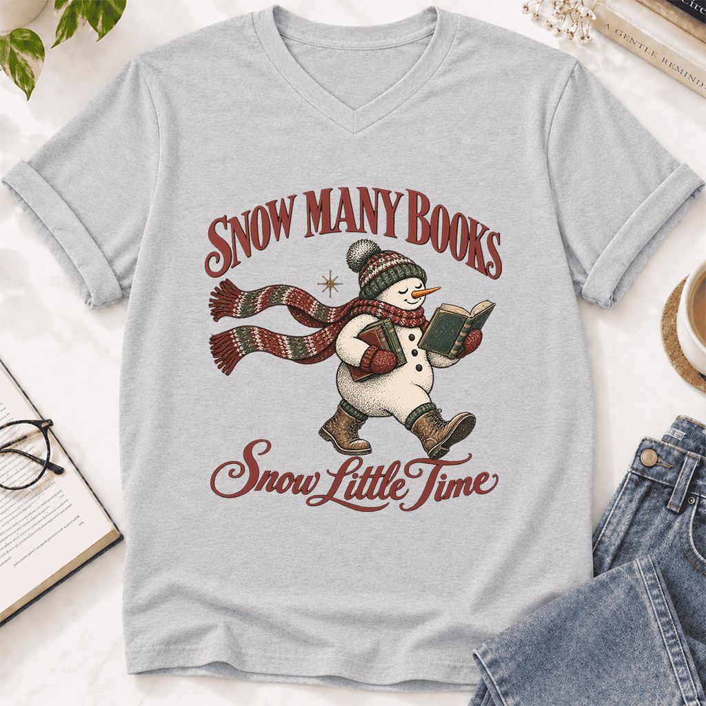 Snow Many Books Snow Little Time Ultra-Soft V-Neck | Christmas Reader Gift Ash