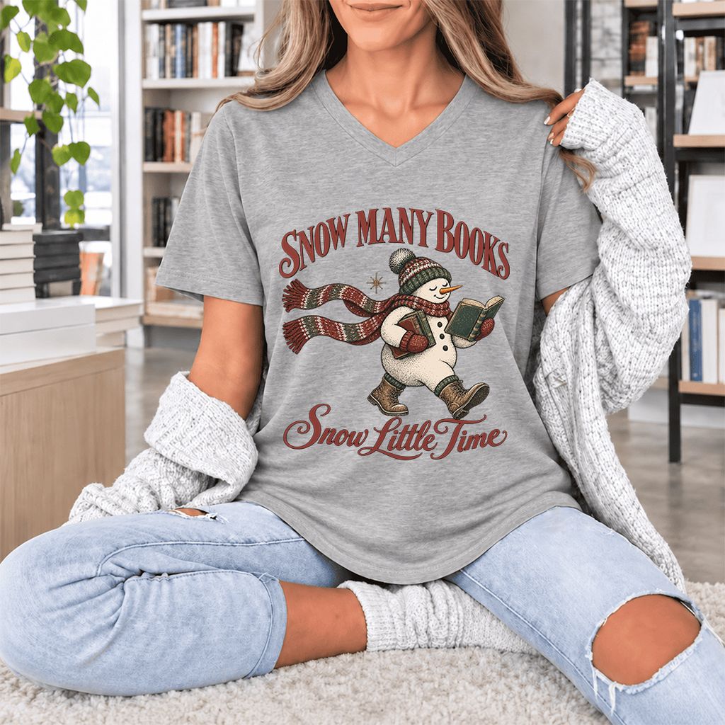 Snow Many Books Snow Little Time Ultra-Soft V-Neck | Christmas Reader Gift Athletic Heather