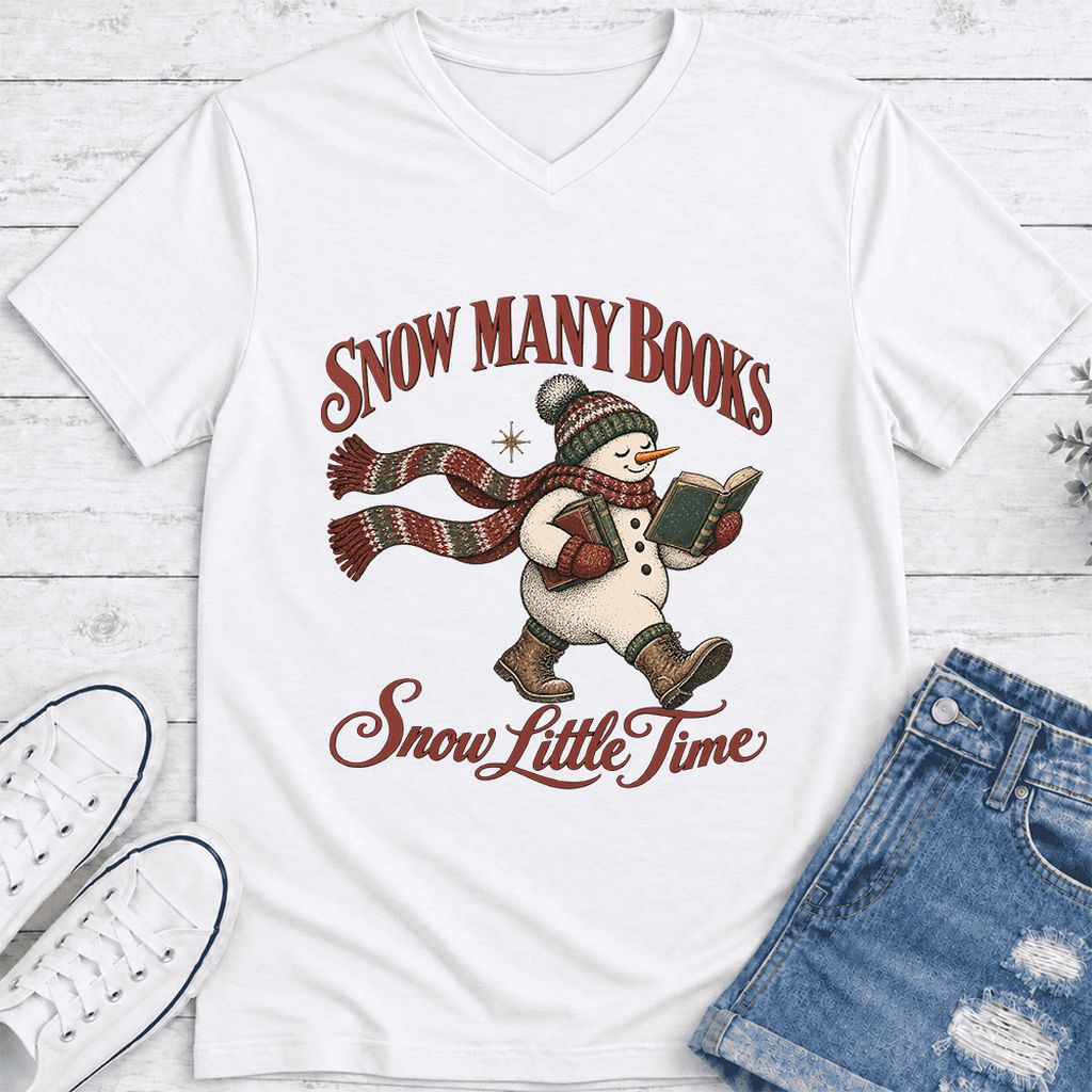 Snow Many Books Snow Little Time Ultra-Soft V-Neck | Christmas Reader Gift White