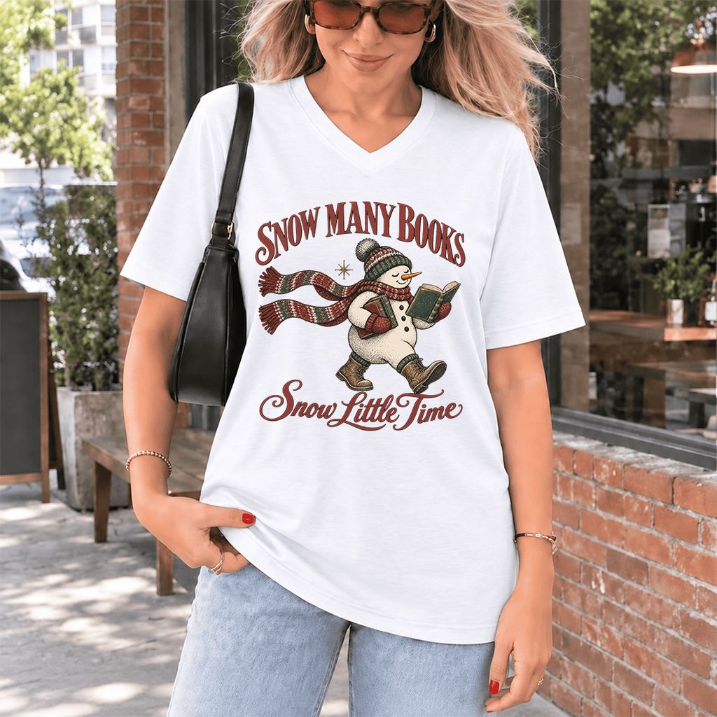 Snow Many Books Snow Little Time Ultra-Soft V-Neck | Christmas Reader Gift White