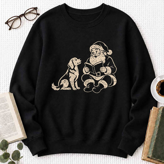 Golden Retriever And Santa Reading Crewneck Sweatshirt | Christmas Reader Gift Black