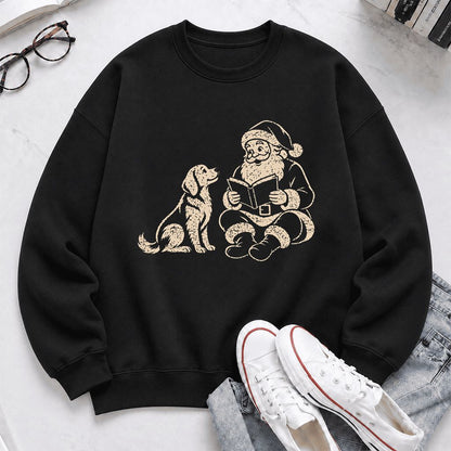 Golden Retriever And Santa Reading Printed Sweatshirt | Christmas Reader Gift Black