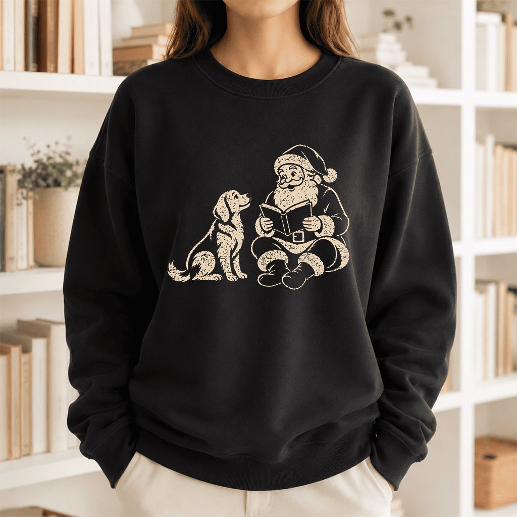 Golden Retriever And Santa Reading Printed Sweatshirt | Christmas Reader Gift Black