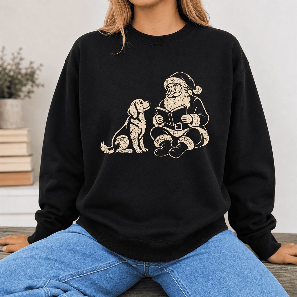 Golden Retriever And Santa Reading Printed Sweatshirt | Christmas Reader Gift Black