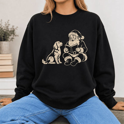 Golden Retriever And Santa Reading Printed Sweatshirt | Christmas Reader Gift Black
