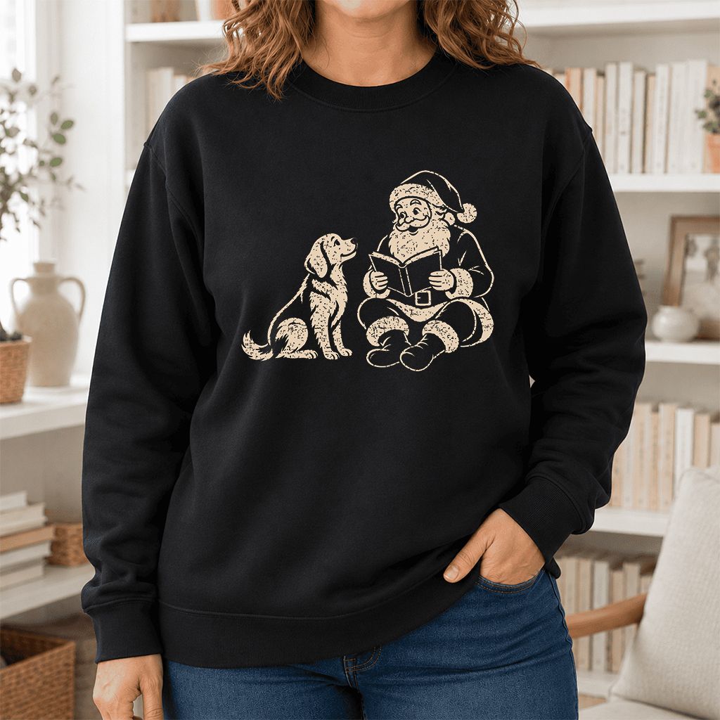 Golden Retriever And Santa Reading Printed Sweatshirt | Christmas Reader Gift Black