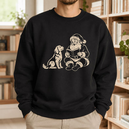 Golden Retriever And Santa Reading Printed Sweatshirt | Christmas Reader Gift Black