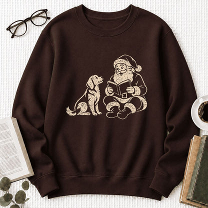 Golden Retriever And Santa Reading Printed Sweatshirt | Christmas Reader Gift Dark Chocolate