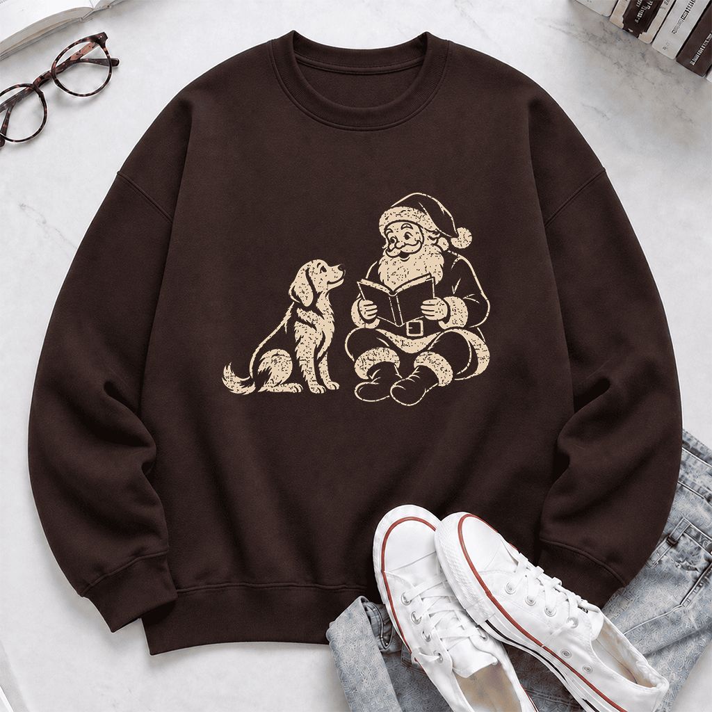 Golden Retriever And Santa Reading Printed Sweatshirt | Christmas Reader Gift Dark Chocolate