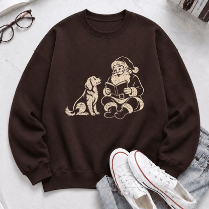 Golden Retriever And Santa Reading Printed Sweatshirt | Christmas Reader Gift Dark Chocolate