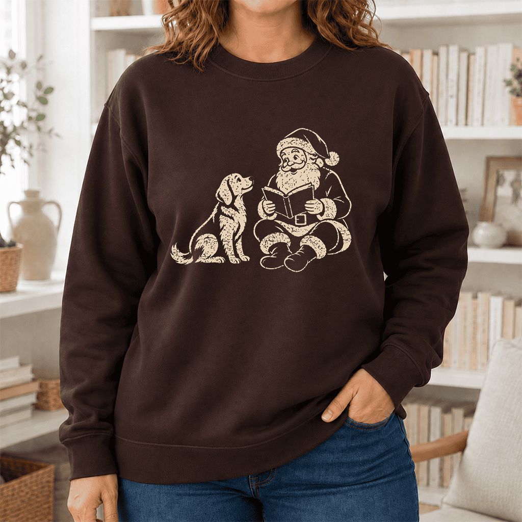 Golden Retriever And Santa Reading Printed Sweatshirt | Christmas Reader Gift Dark Chocolate