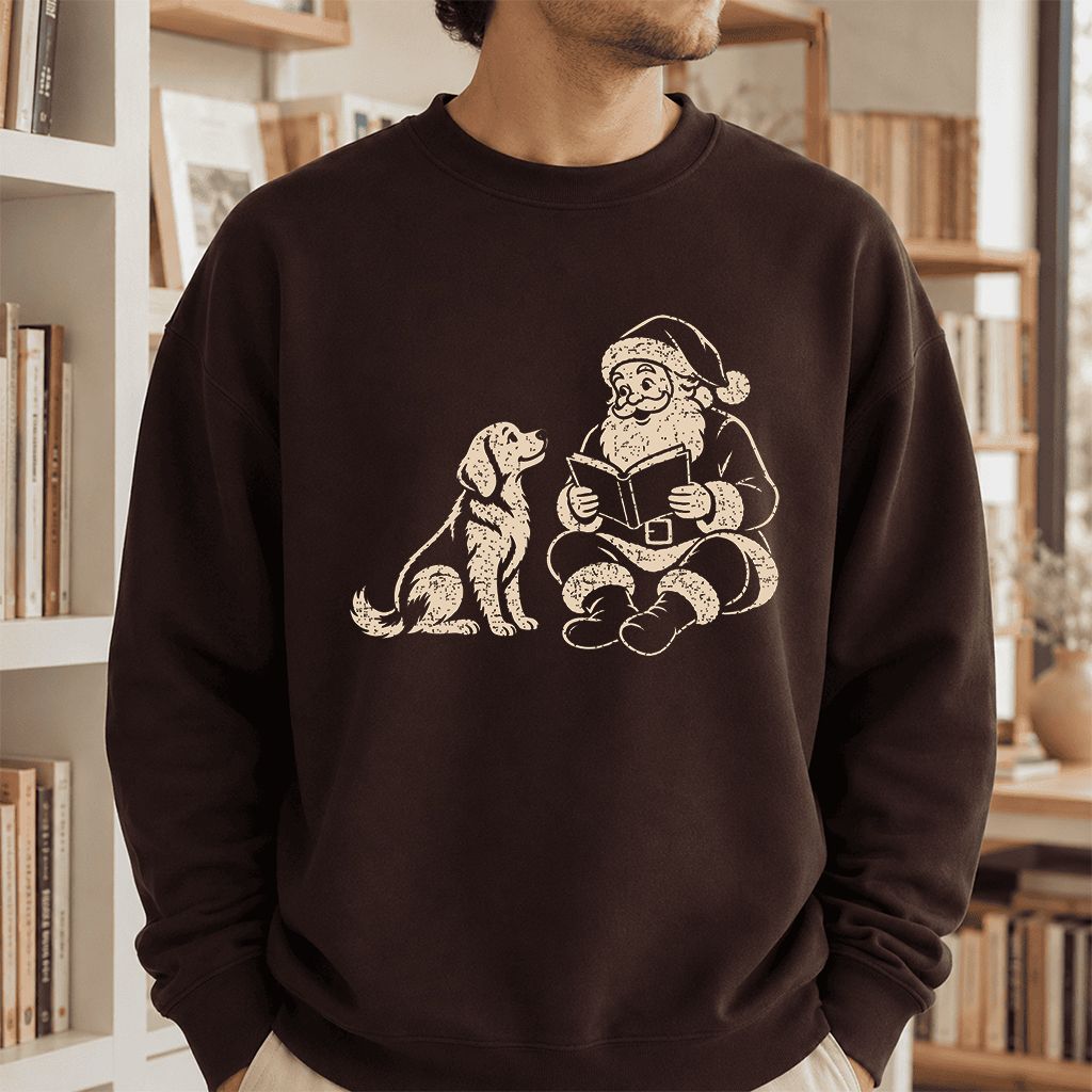 Golden Retriever And Santa Reading Printed Sweatshirt | Christmas Reader Gift Dark Chocolate