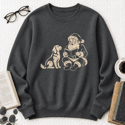 Golden Retriever And Santa Reading Printed Sweatshirt | Christmas Reader Gift Dark Heather