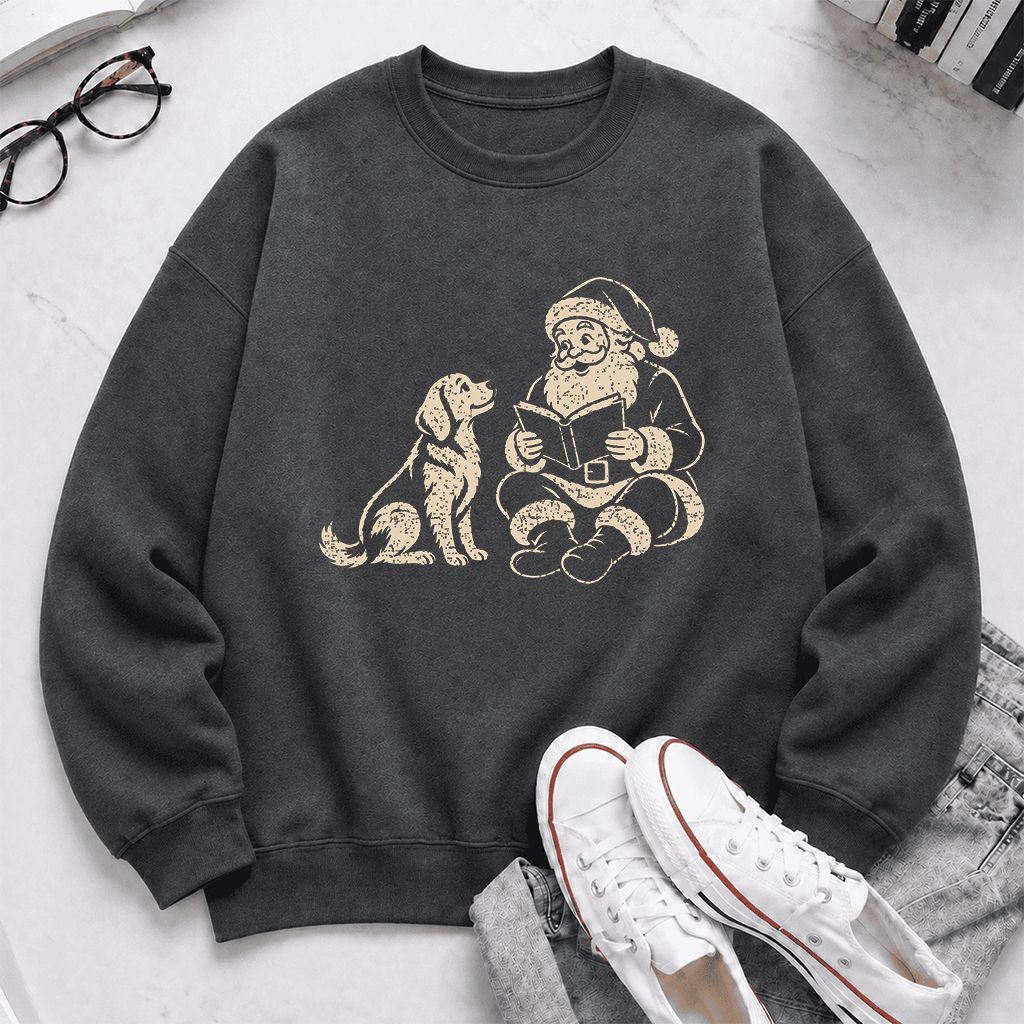 Golden Retriever And Santa Reading Printed Sweatshirt | Christmas Reader Gift Dark Heather