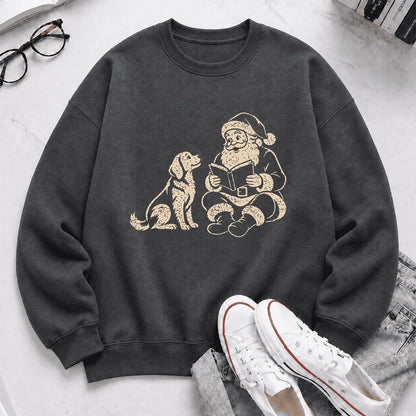 Golden Retriever And Santa Reading Printed Sweatshirt | Christmas Reader Gift Dark Heather