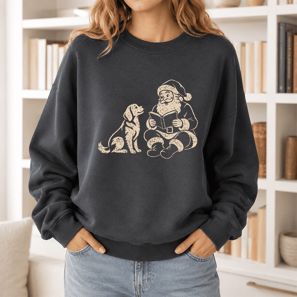 Golden Retriever And Santa Reading Printed Sweatshirt | Christmas Reader Gift Dark Heather