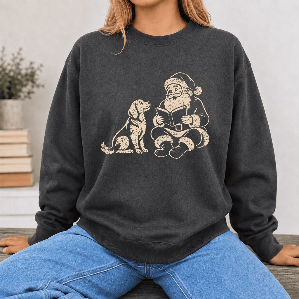 Golden Retriever And Santa Reading Printed Sweatshirt | Christmas Reader Gift Dark Heather