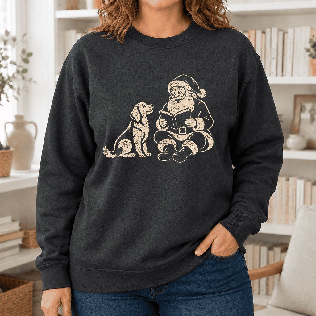 Golden Retriever And Santa Reading Printed Sweatshirt | Christmas Reader Gift Dark Heather