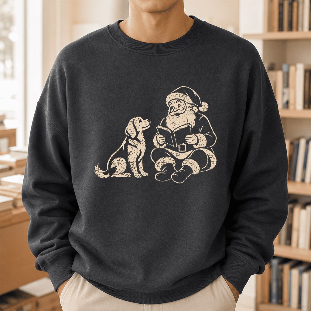 Golden Retriever And Santa Reading Printed Sweatshirt | Christmas Reader Gift Dark Heather