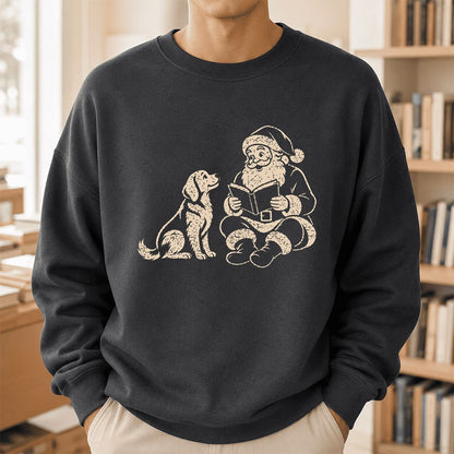 Golden Retriever And Santa Reading Printed Sweatshirt | Christmas Reader Gift Dark Heather