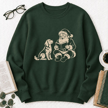 Golden Retriever And Santa Reading Printed Sweatshirt | Christmas Reader Gift Forest Green