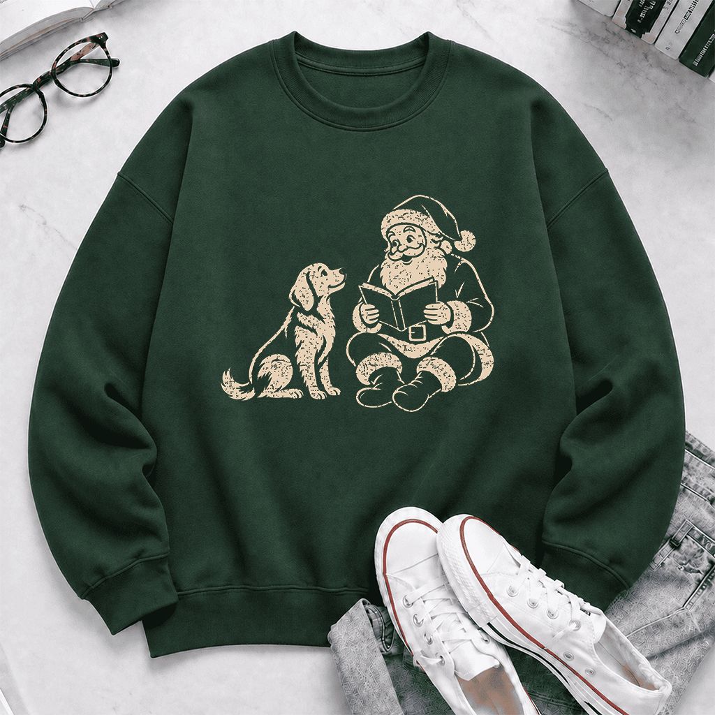 Golden Retriever And Santa Reading Printed Sweatshirt | Christmas Reader Gift Forest Green