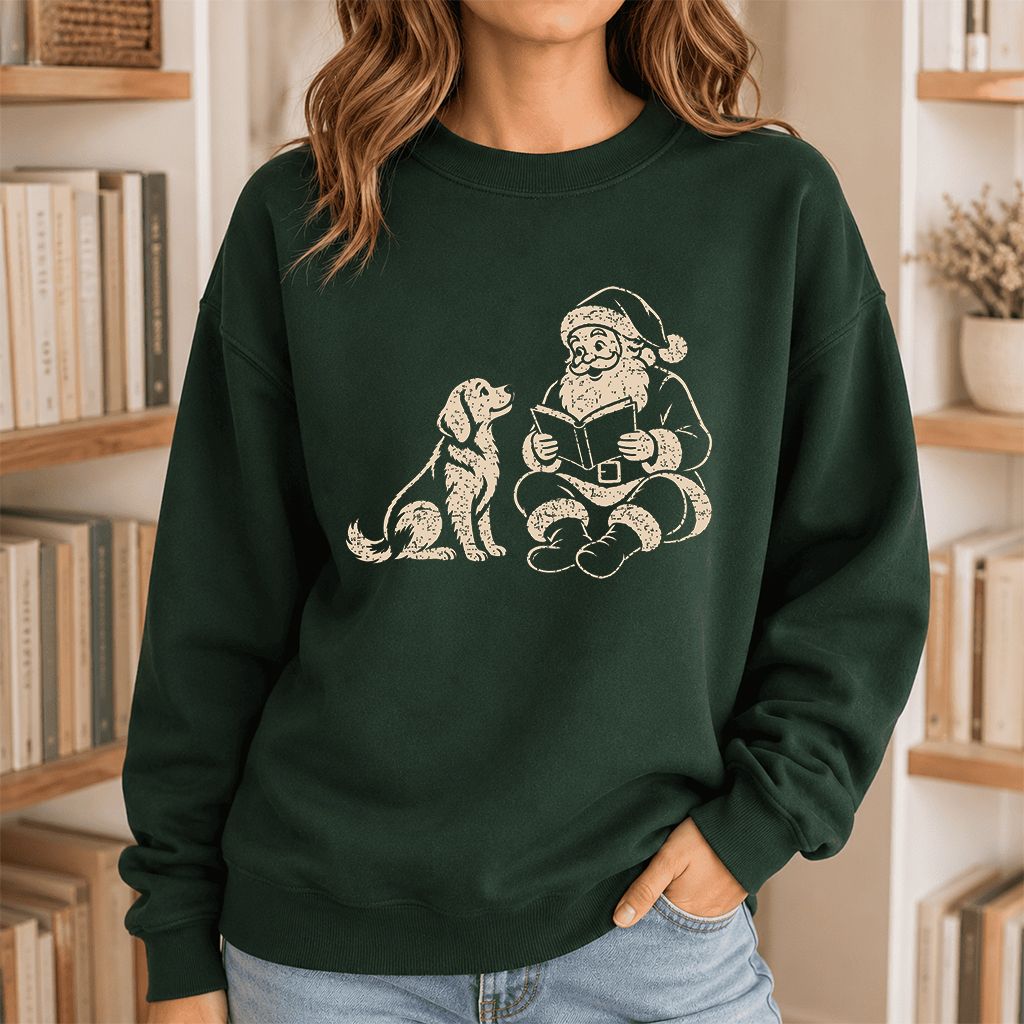 Golden Retriever And Santa Reading Printed Sweatshirt | Christmas Reader Gift Forest Green