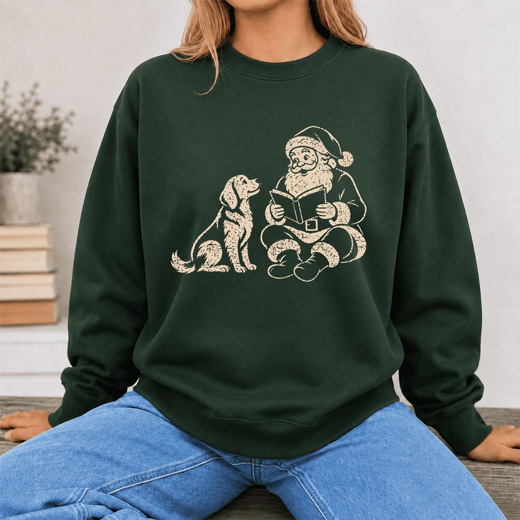 Golden Retriever And Santa Reading Printed Sweatshirt | Christmas Reader Gift Forest Green