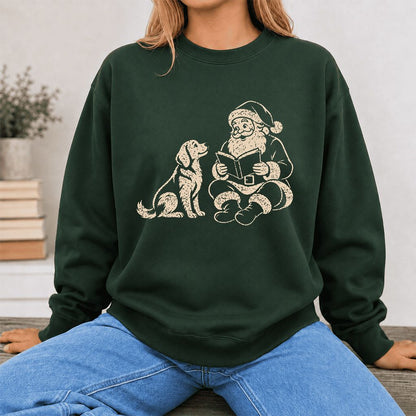 Golden Retriever And Santa Reading Printed Sweatshirt | Christmas Reader Gift Forest Green