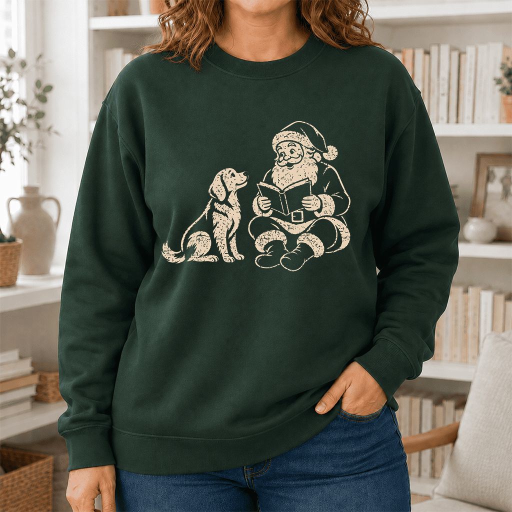 Golden Retriever And Santa Reading Printed Sweatshirt | Christmas Reader Gift Forest Green