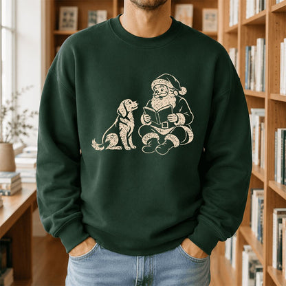 Golden Retriever And Santa Reading Printed Sweatshirt | Christmas Reader Gift Forest Green