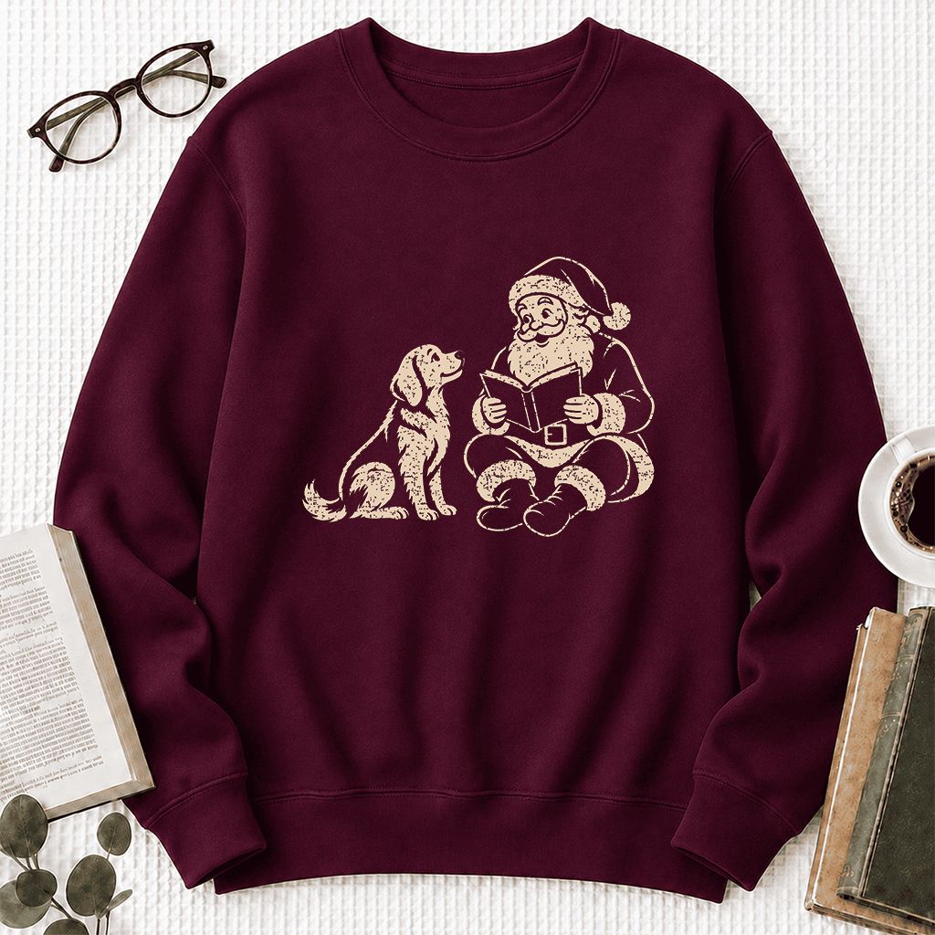 Golden Retriever And Santa Reading Printed Sweatshirt | Christmas Reader Gift Maroon