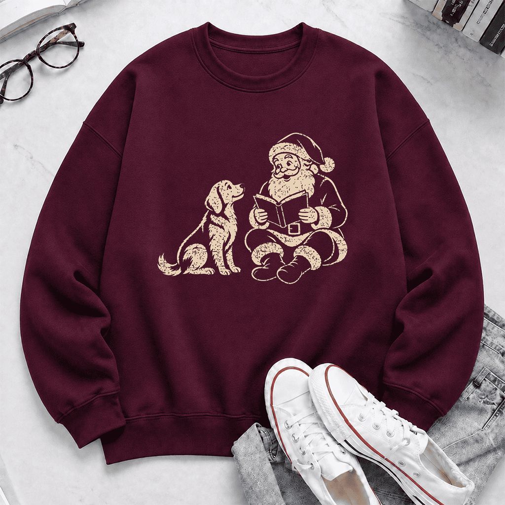 Golden Retriever And Santa Reading Printed Sweatshirt | Christmas Reader Gift Maroon