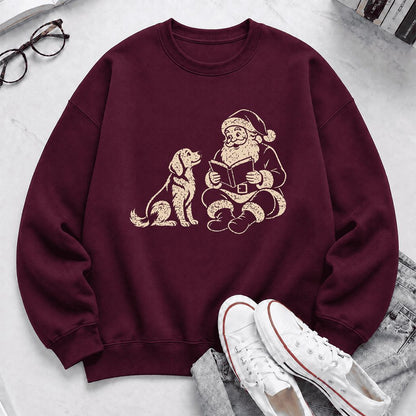 Golden Retriever And Santa Reading Printed Sweatshirt | Christmas Reader Gift Maroon