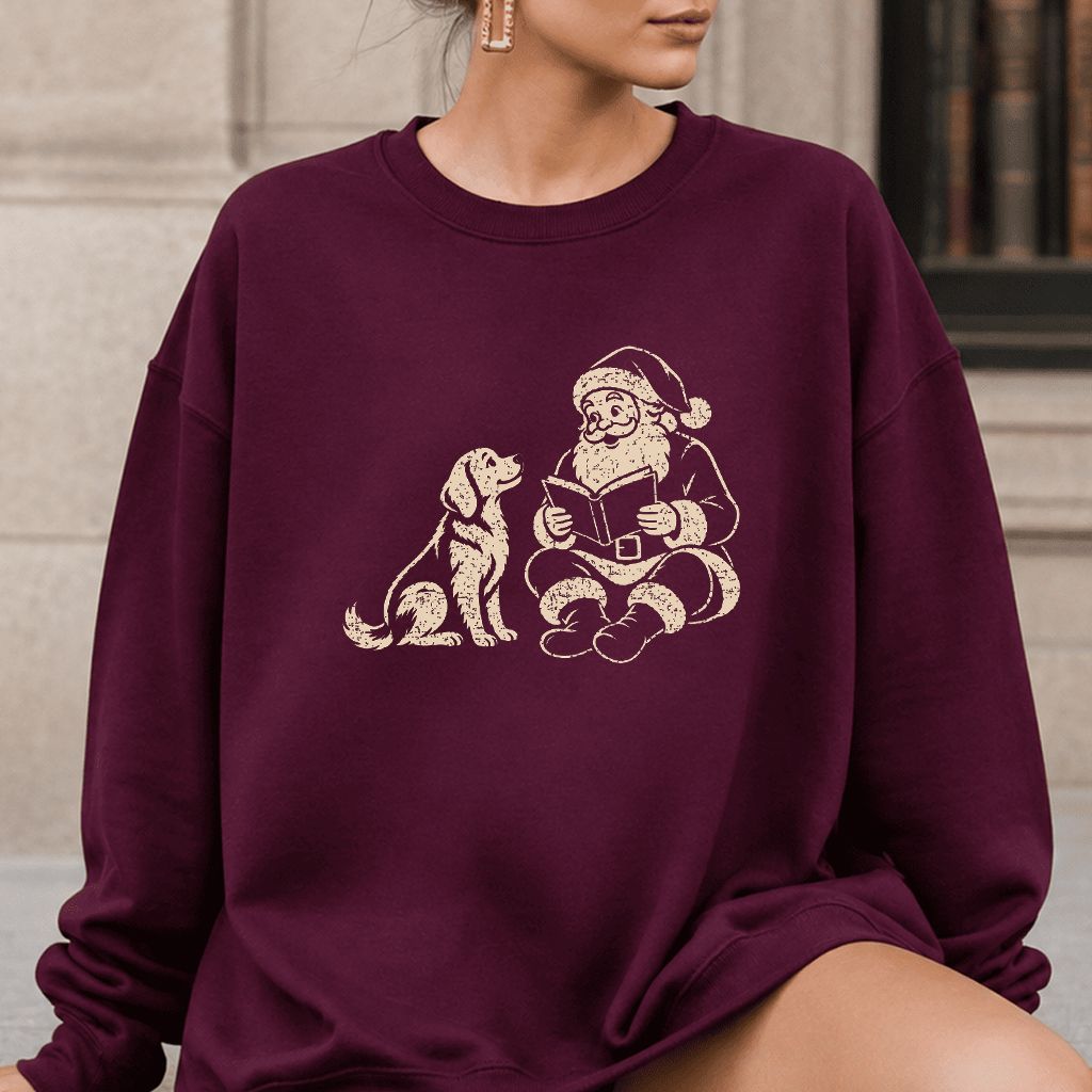 Golden Retriever And Santa Reading Printed Sweatshirt | Christmas Reader Gift Maroon